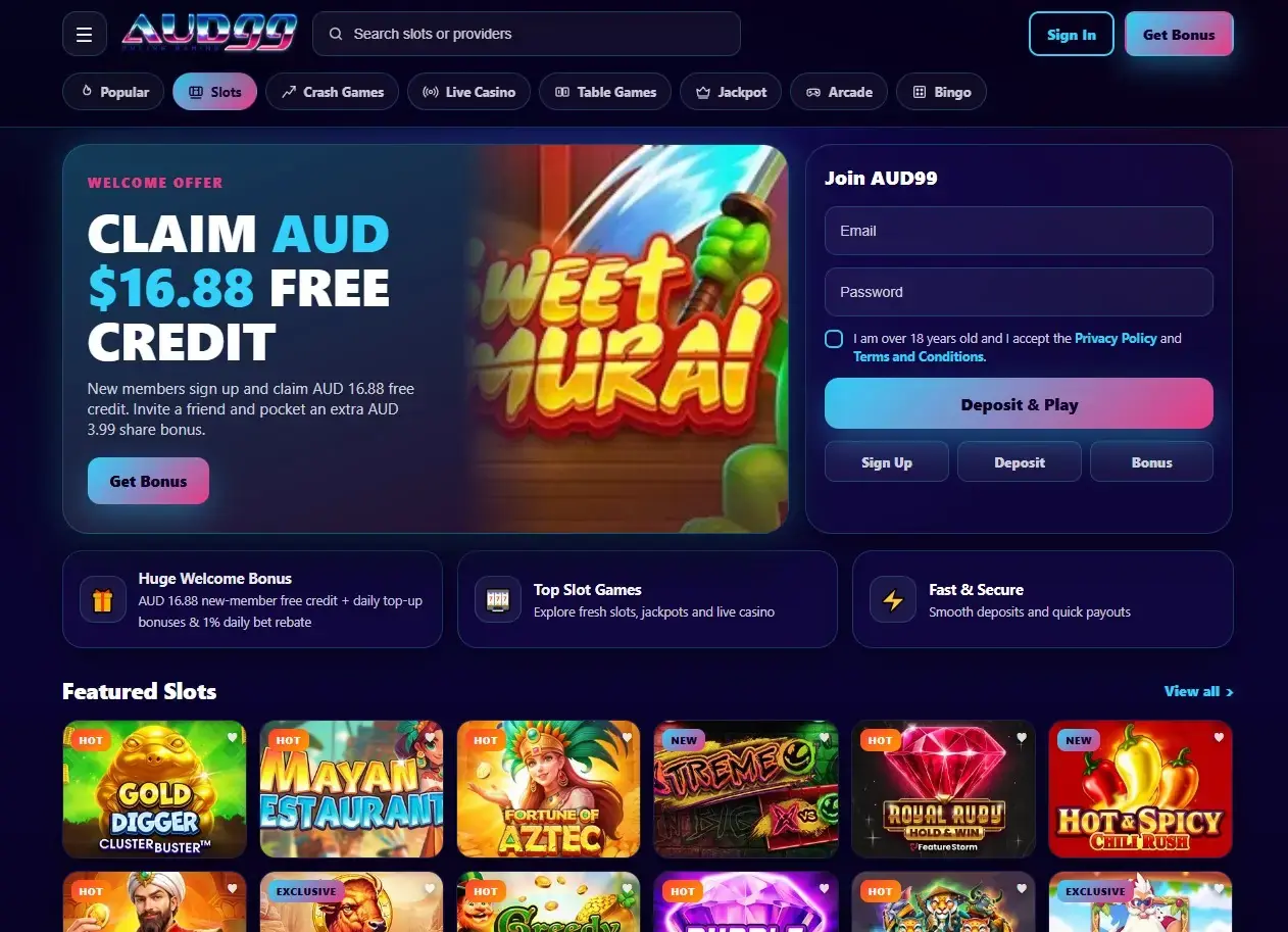 Current AUD99 Australia-facing homepage with brand navigation and AUD context